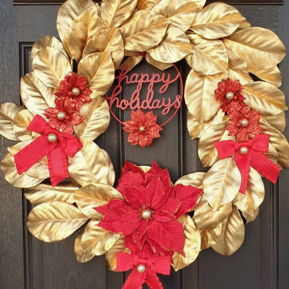Christmas Handmade Red Flower Gold Wreath Home Office Decor Door Wall Hanger